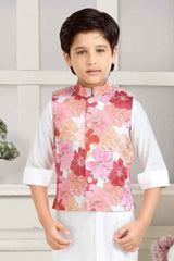 White Kurta Set With Floral Printed Overcoat For Boys