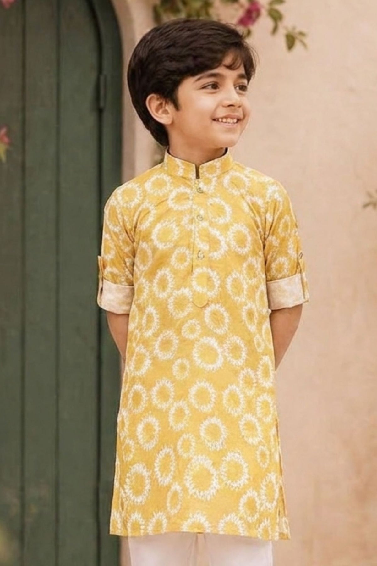 Tie And Dye Yellow Kurta Set For Boys