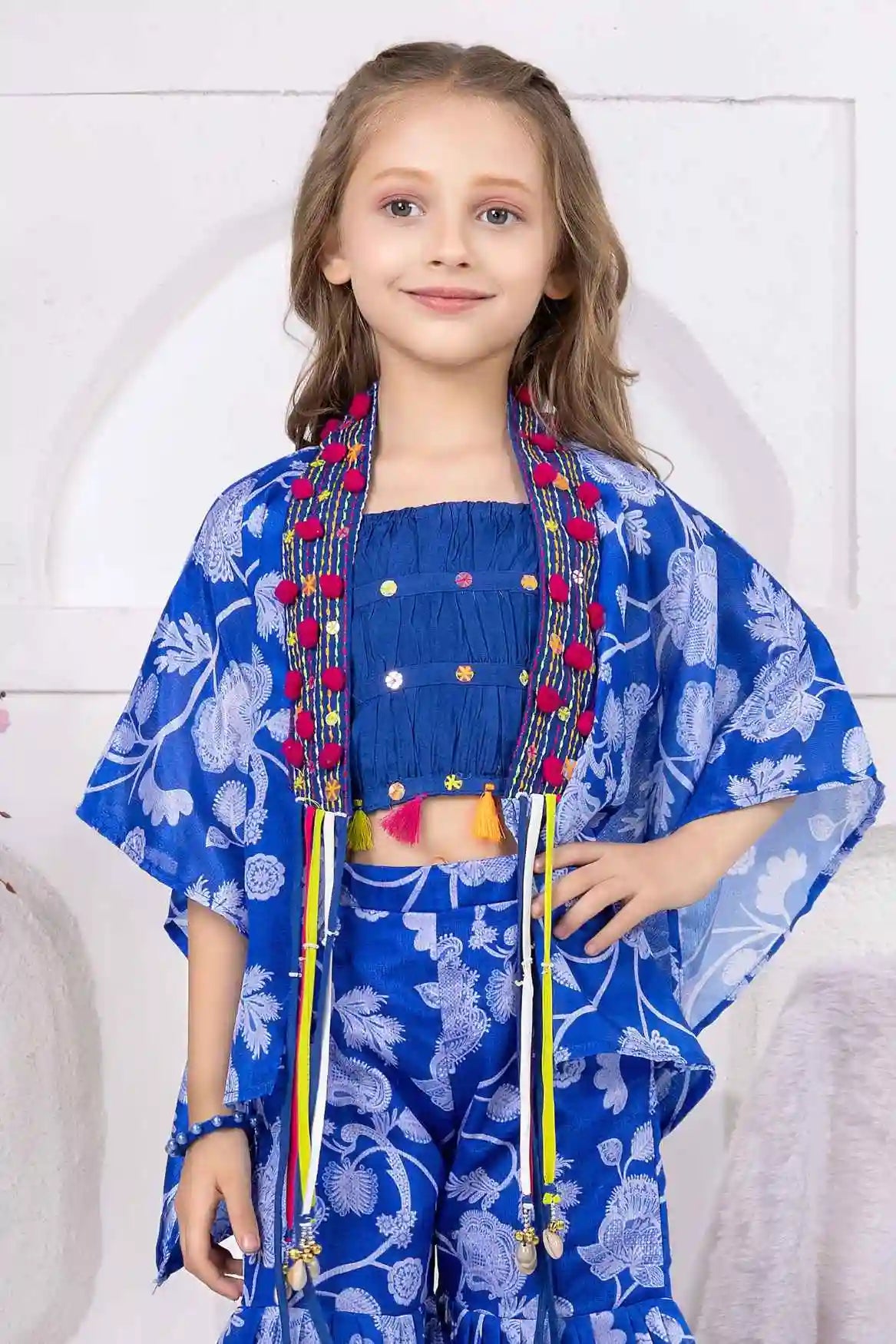 Blue Printed Co-Ord Set With Embellished Overcoat For Girls