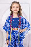 Blue Printed Co-Ord Set With Embellished Overcoat For Girls