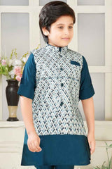 Teal Blue Kurta With White Sequin Embroidery Work Bandi Set For Boys