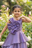 Purple Layered Party Gown with Oversized Floral Appliqué For Girls