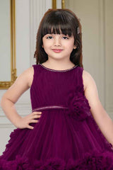 Wine Net Multilayer With Ruffle And Floral Embellished Frock For Girls