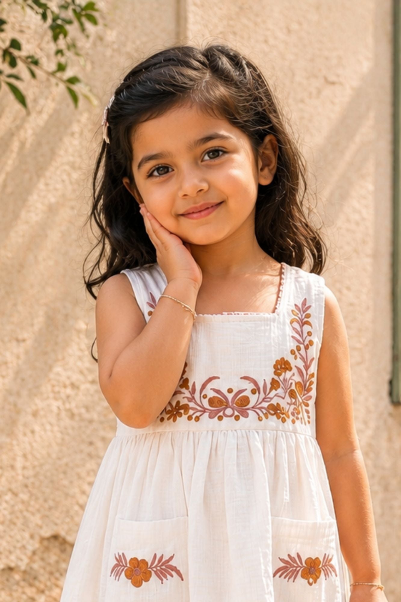 White Floral Embroidered Frock with Pockets