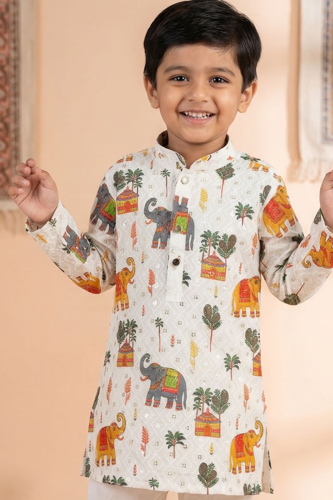 White Printed Kurta Pyjama Set with Elephant Motifs For Boys
