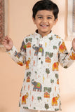 White Printed Kurta Pyjama Set with Elephant Motifs For Boys