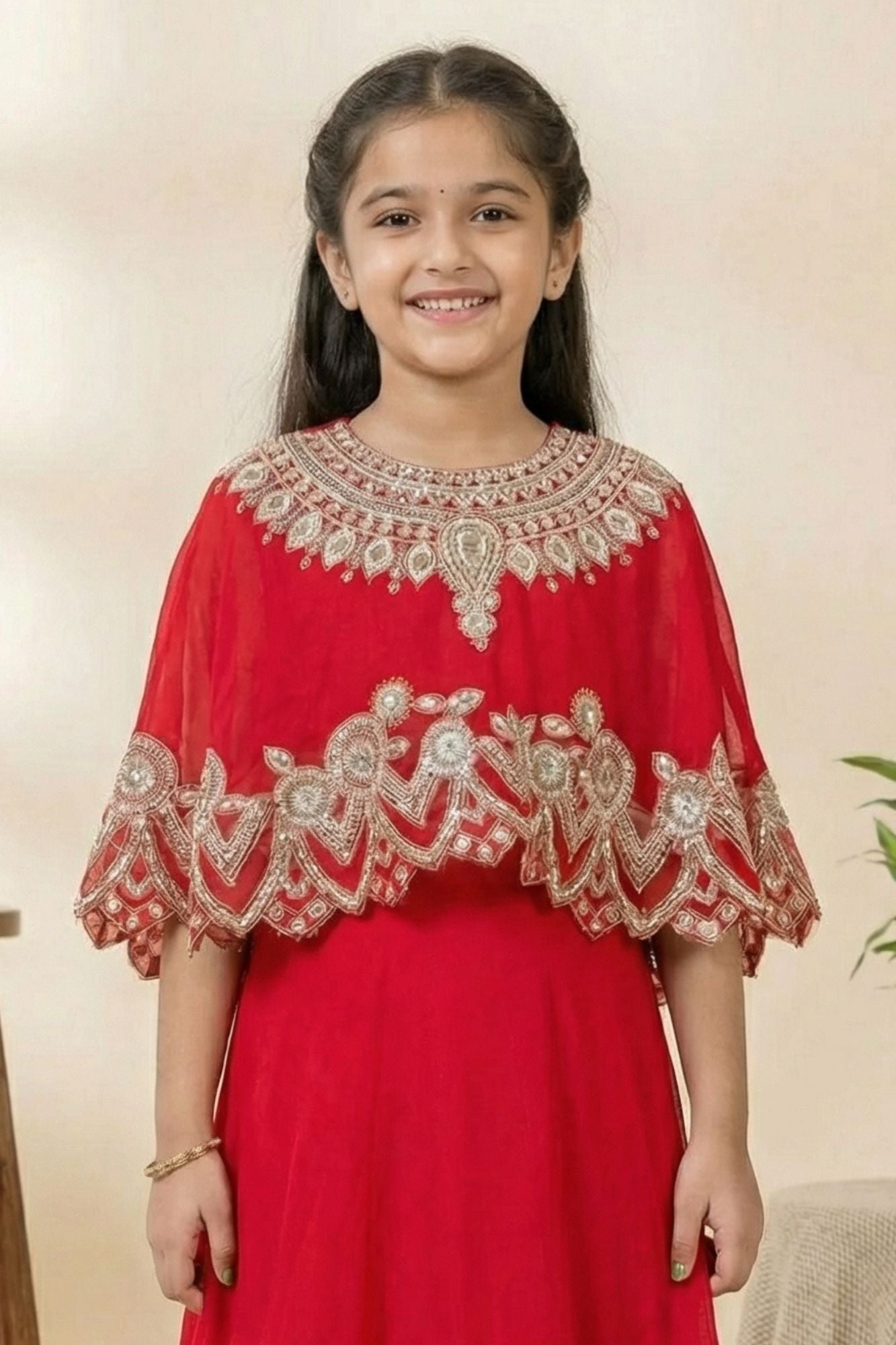 Designer Red Lehenga Choli with Embroidered Cape For Girls