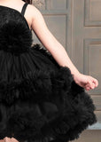 Shimmer Black Tailback Party Wear Frock With Flower Embellishment  For Girls