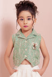 Girls Green Embroidered Sleeveless Jacket And Shorts Set