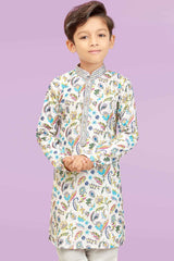 White Kurta With Multicolor Printed For Boys