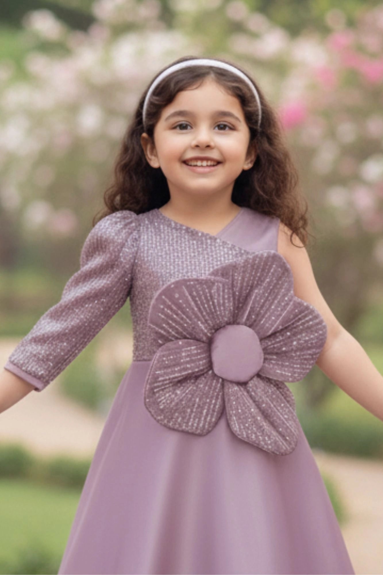 Lavender One-Shoulder Flower Appliqué Gown for Girls