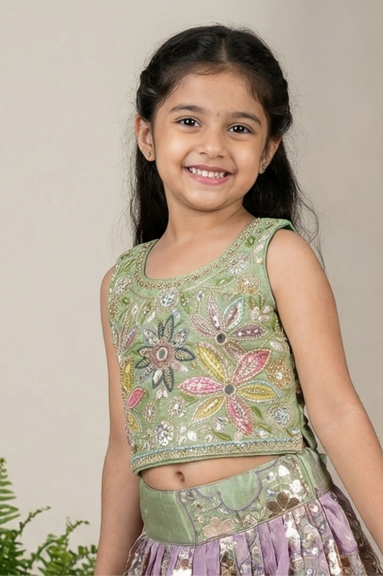 Sage Green Floral Embroidered Lehenga Choli For Girls