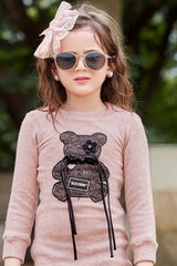 Onion Pink Woollen Dress With Patch Work For Girls