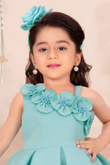 Green Sleeveless With Floral Embellishment And Pearl Frock For Girls