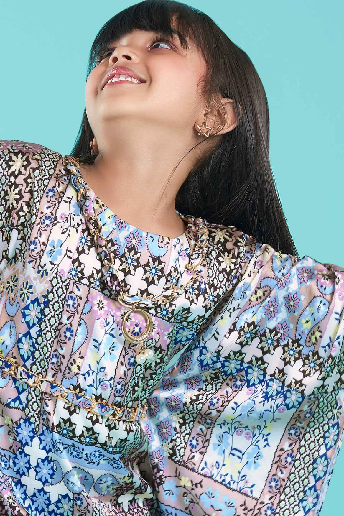 Stylish Multicolor Printed Dress With Butterfly Sleeves For Girls - Lagorii Kids