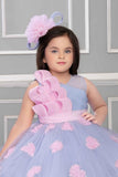 Blue Net Party Wear Frock Embellished With Grey Lace For Girls - Lagorii Kids
