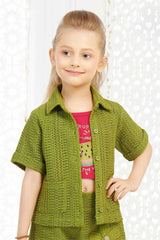 Western Olive Green Crochet Shirt And Shorts With Printed T Shirt Set For Girls