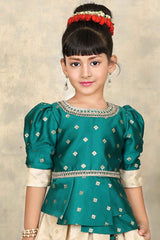 Green And Cream Banarasi Silk Pattu Lehenga Choli Set For Girls