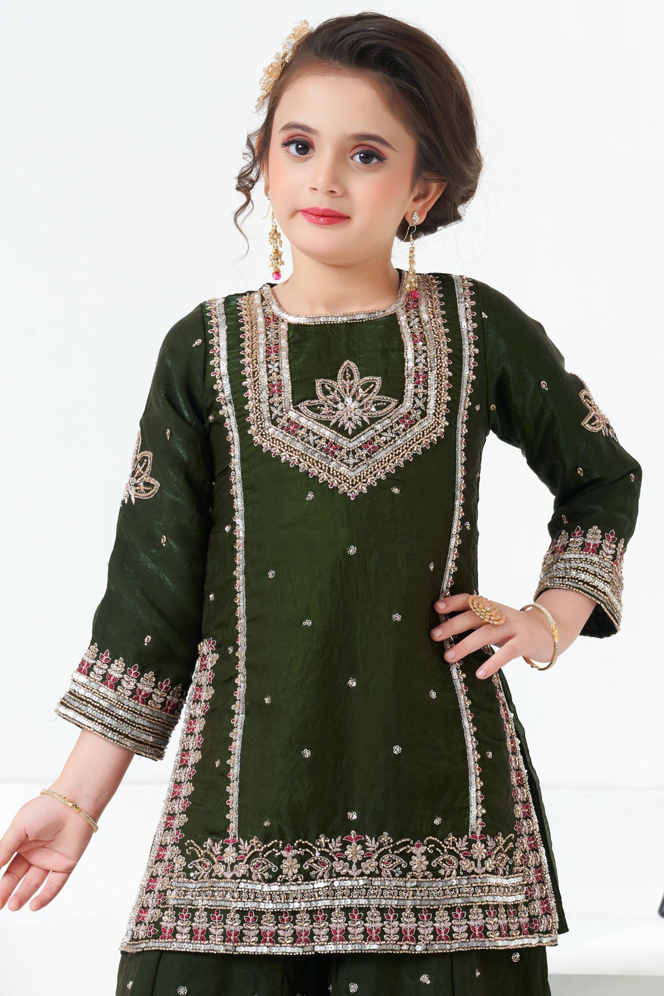 Dark Green Embroidered Kurti with Flared Palazzo Set For Girls