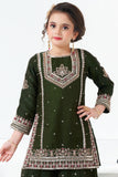 Dark Green Embroidered Kurti with Flared Palazzo Set For Girls