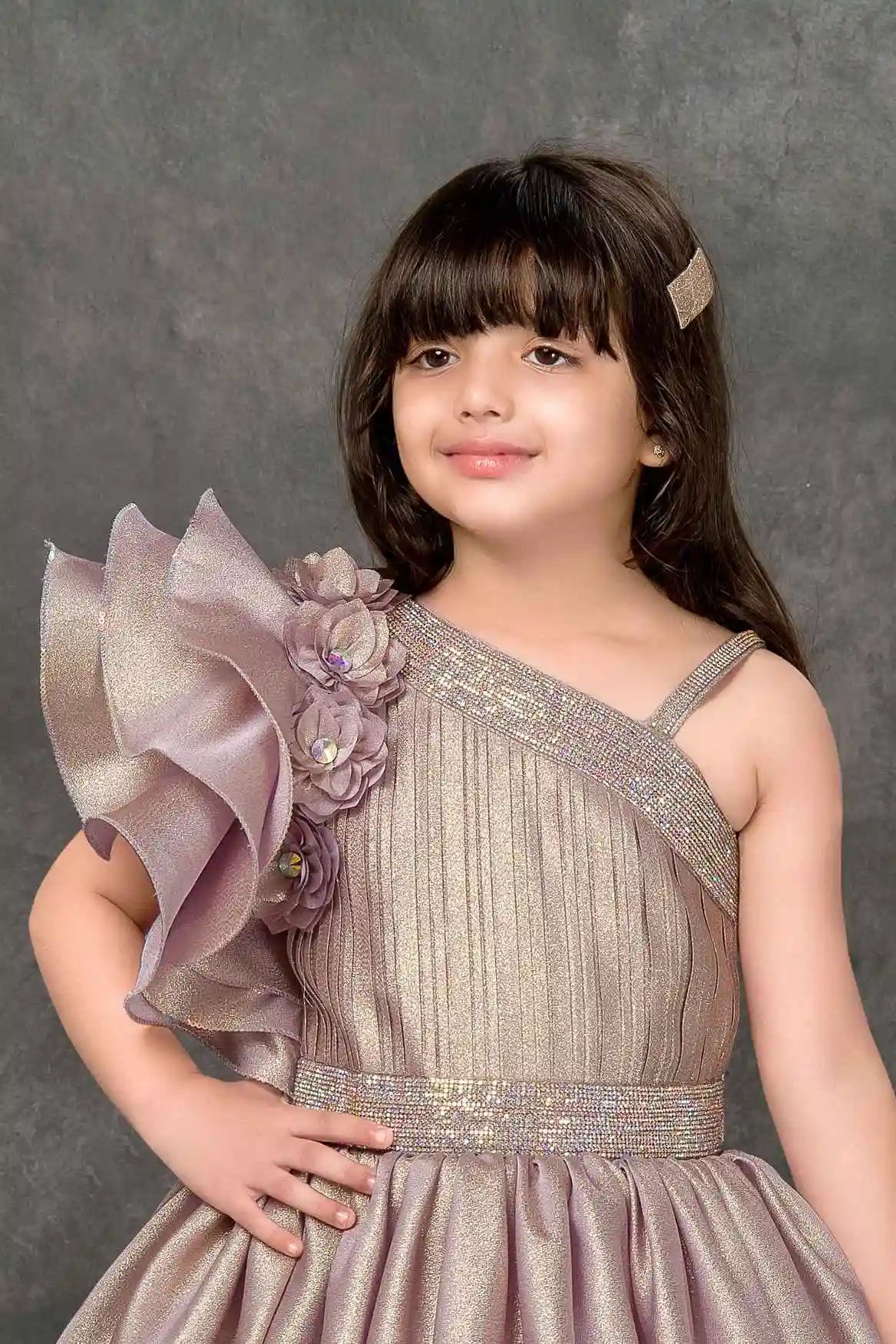 Dusky Pink Floral Embellished Party Gown For Girls