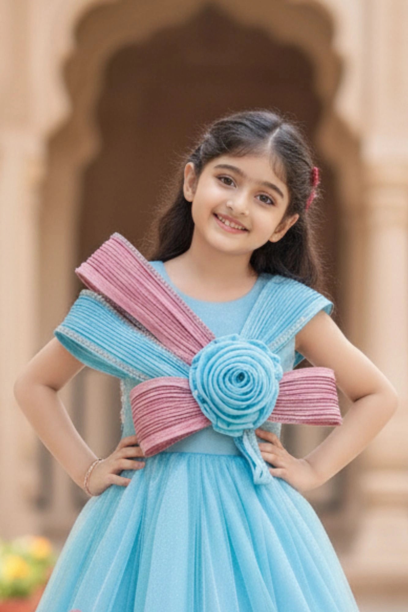 Dreamy Blue & Pink 3D Floral Embellished Party Gown For Girls