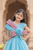 Dreamy Blue & Pink 3D Floral Embellished Party Gown For Girls