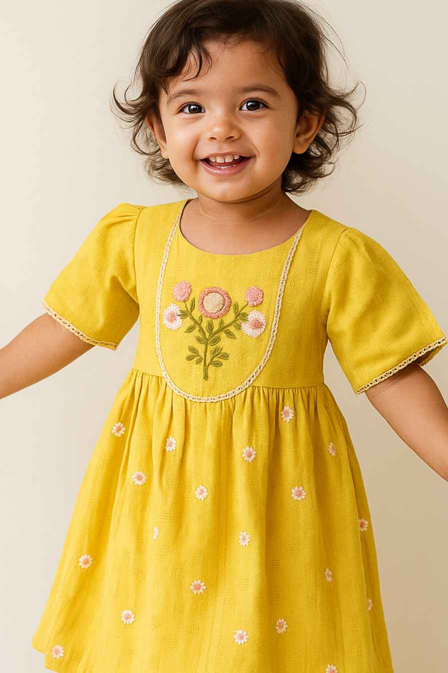 Mustard Yellow Cotton Embroidered Dress For Girls
