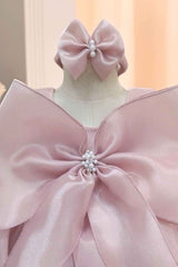 Peach Sleeveless And Bow Embellished With Pearls Work Frock For Girls