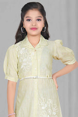 Pista Green Puff Sleeves Stripe With Floral Embroidered Frock For Girls