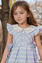 Blue Cotton Casual Frock With Peter Pan Collar For Girls