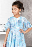 Blue Printed Frock With Bell Sleeves For Girls