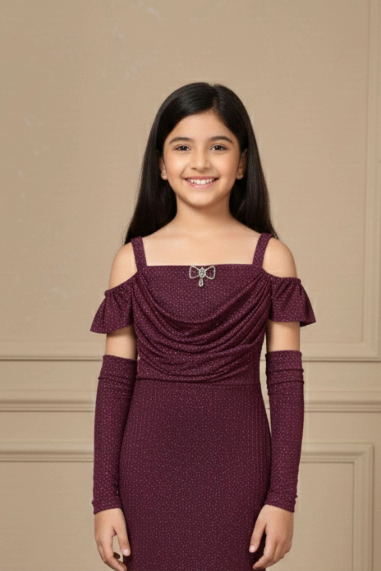Maroon Glitter Cold-Shoulder Mermaid Gown with Matching Arm Sleeves For Girls
