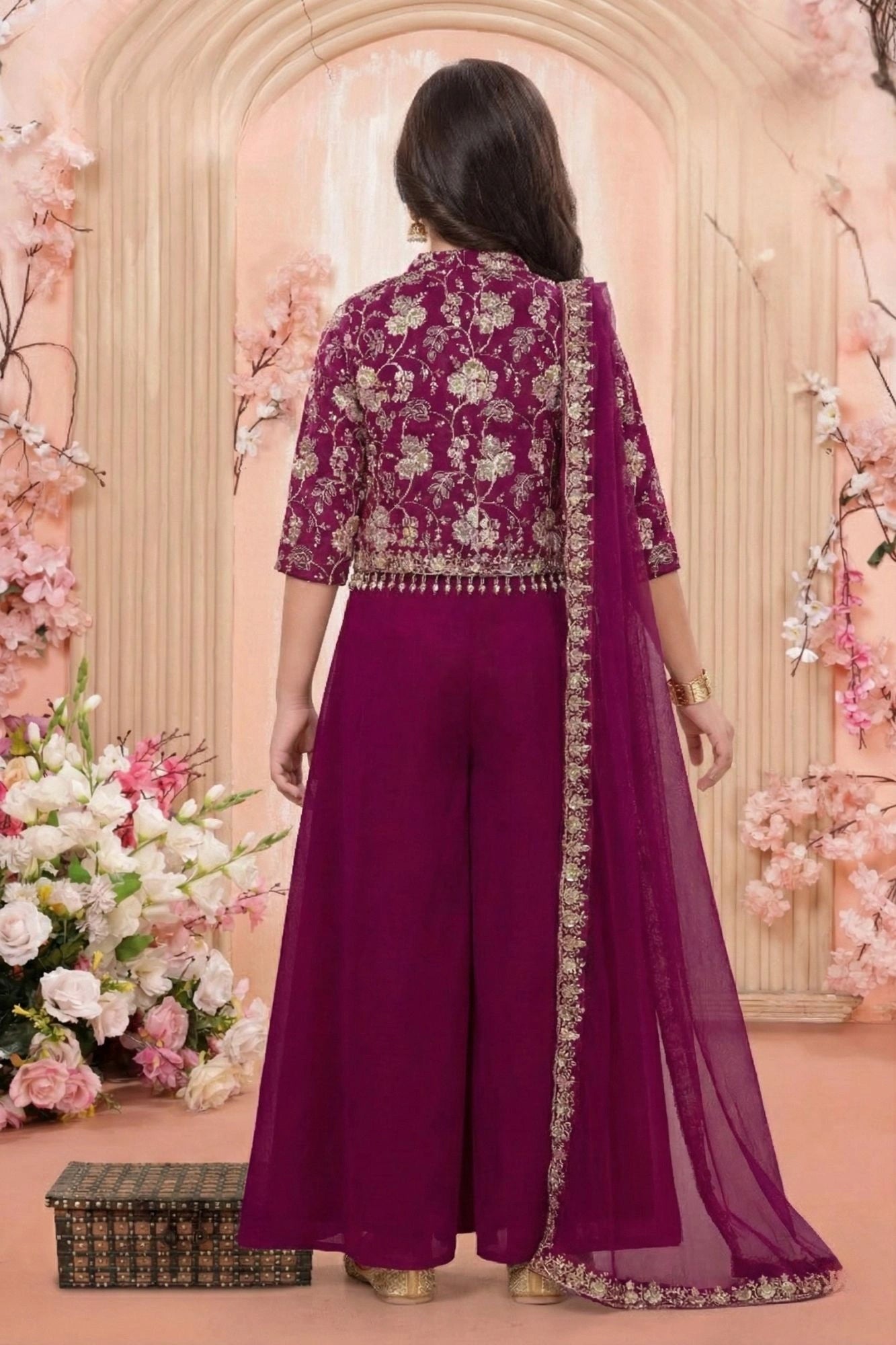 Wine Purple Palazzo Set with Embroidered Jacket For Girls