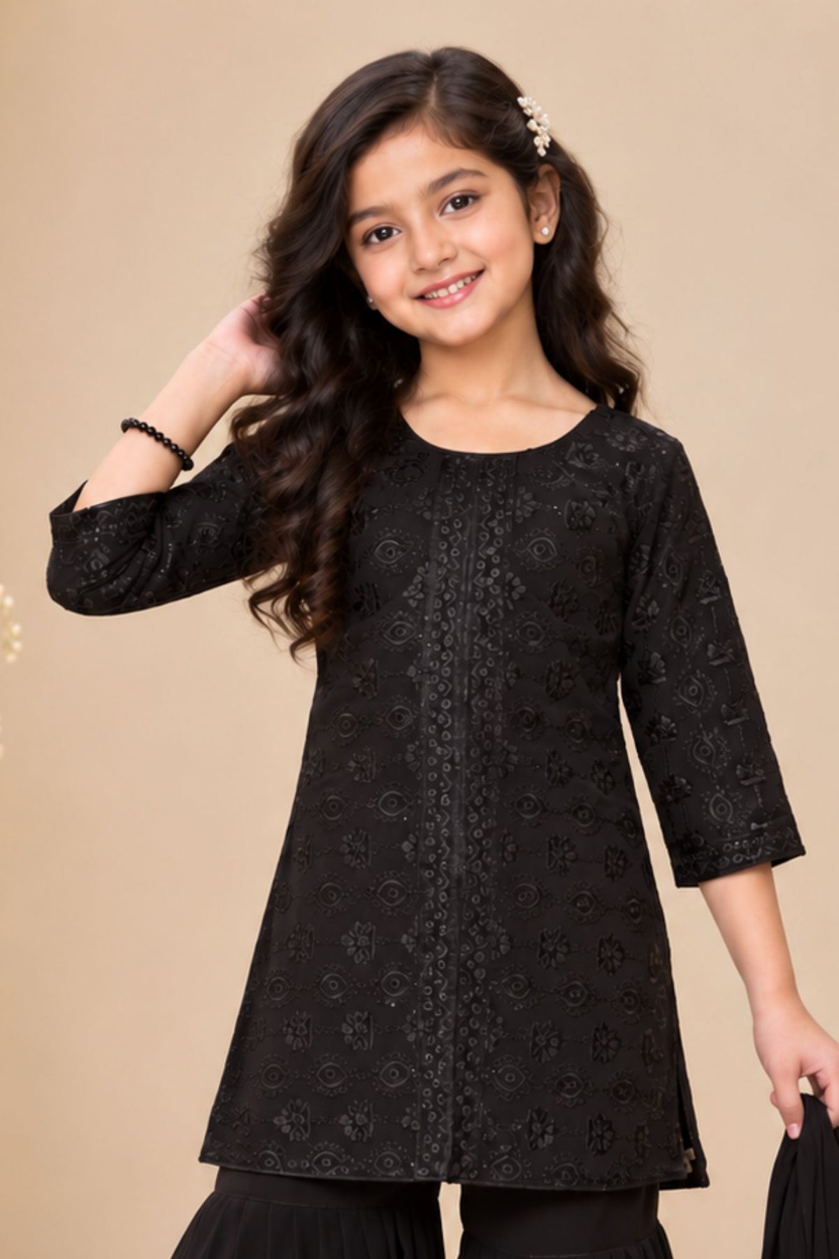 Black Sequins Embroidered Sharara Set for Girls