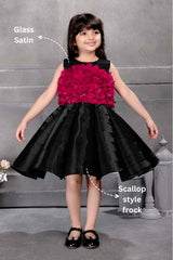 Black Shimmer Frock With Floral Embellished For Girls