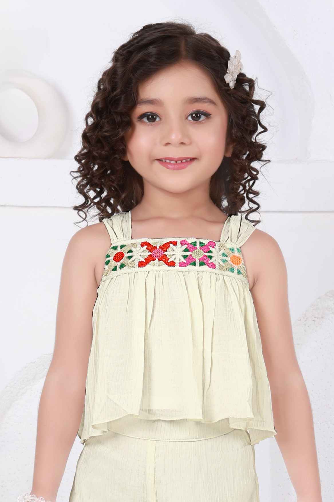 Cream Crochet Embellished Top and Shorts Set For Girls