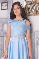 Designer Sky Blue Satin Gown With Stone Waist Band For Girls