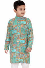 Ethnic Green Jaipuri Printed Kurta And White Bottom Set For Boys