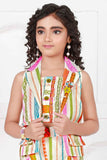 Multicolor Striped Button Down Overcoat With Top And Shorts Set For Girls