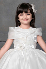 Designer Cream Satin Sequin And Floral Embellished Frock For Girls