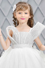 Designer White Sequin Partywear Net Tailback Frock For Girls