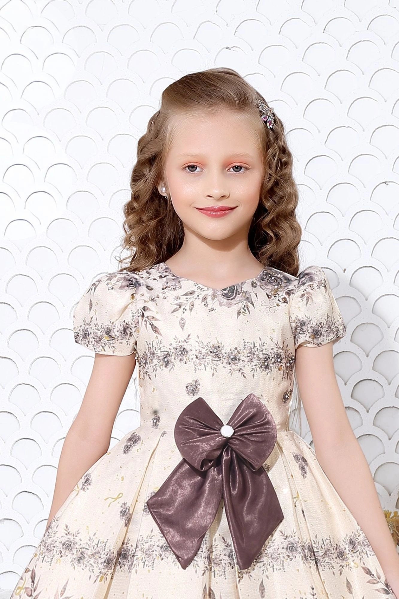 Elegant Cream Floral Printed Frock with Chocolate Brown Bow For Girl
