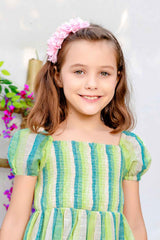 Green Smocked Frock With Floral Embroidered For Girls