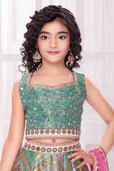 Green Sleeveless With Printed Embroidery And Mirror Work Lehenga Choli Set For Girls