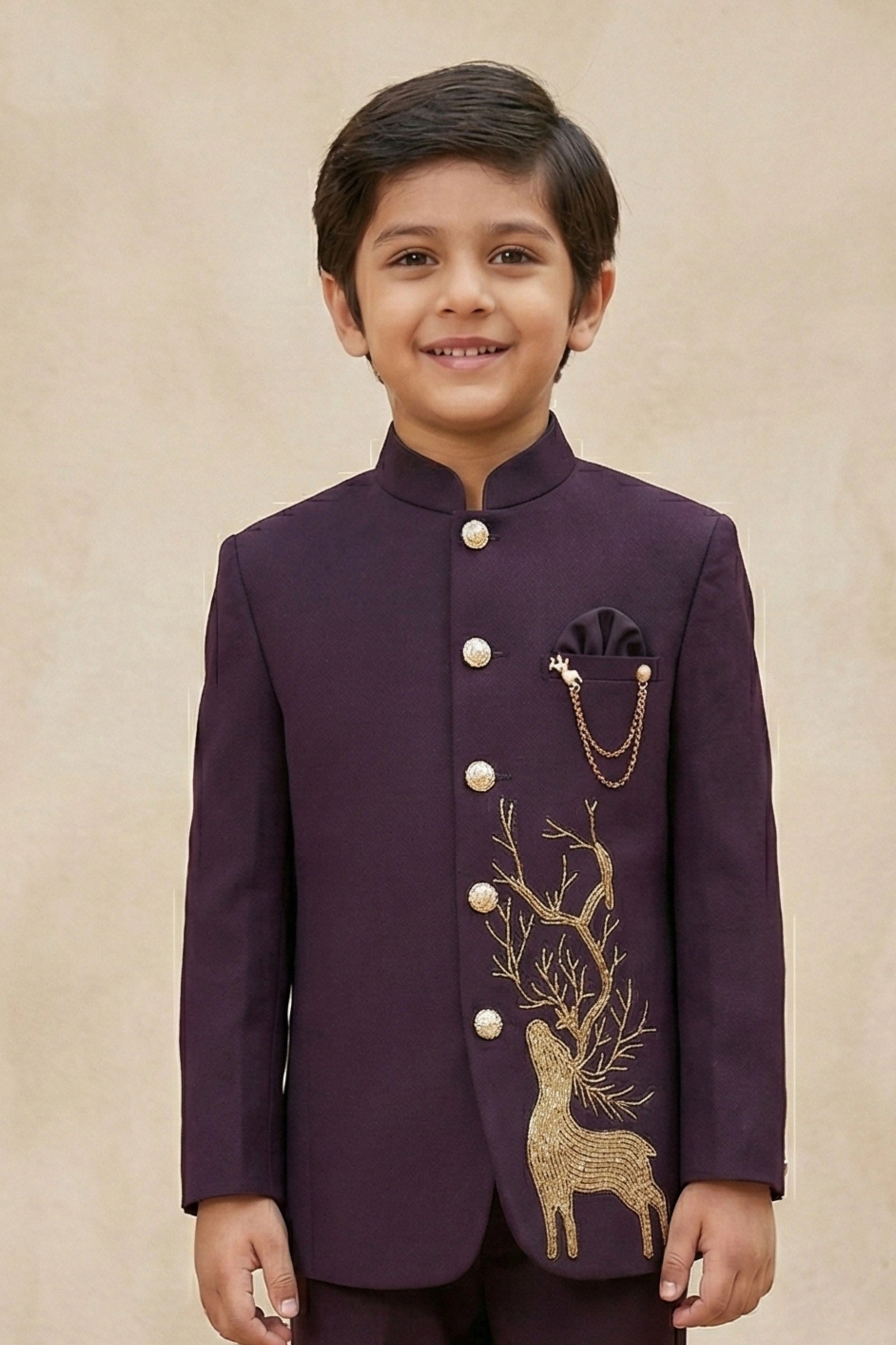 Designer Plum Purple Jhodhpuri Suit Set With Royal Deer Motif For Boys