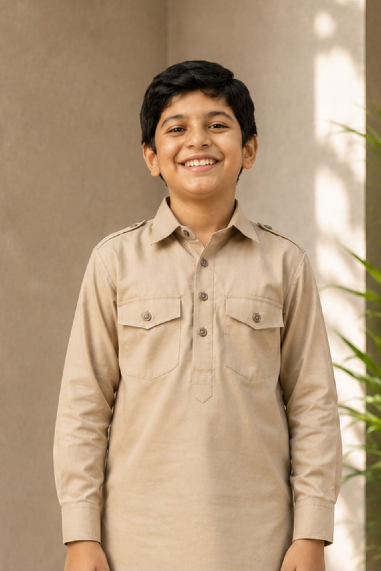 Grey Pathani Set  With Shirt Collar Design For Boys