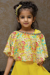 Mustard Printed Sequin Palazzo Set With Cape Sleeves For Girls