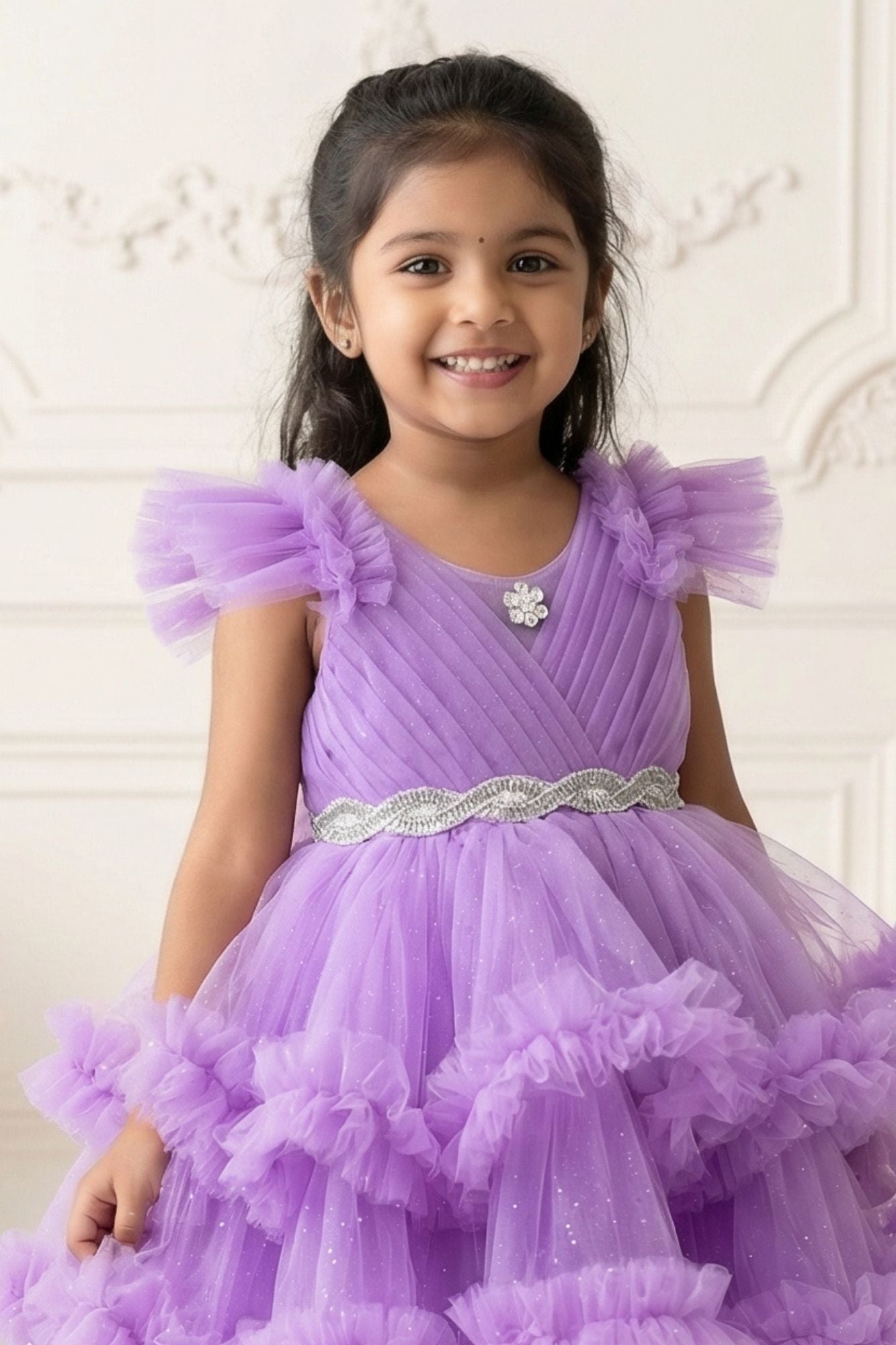 Lavender Layered Ruffle High-Low Party Wear Frock For Girls