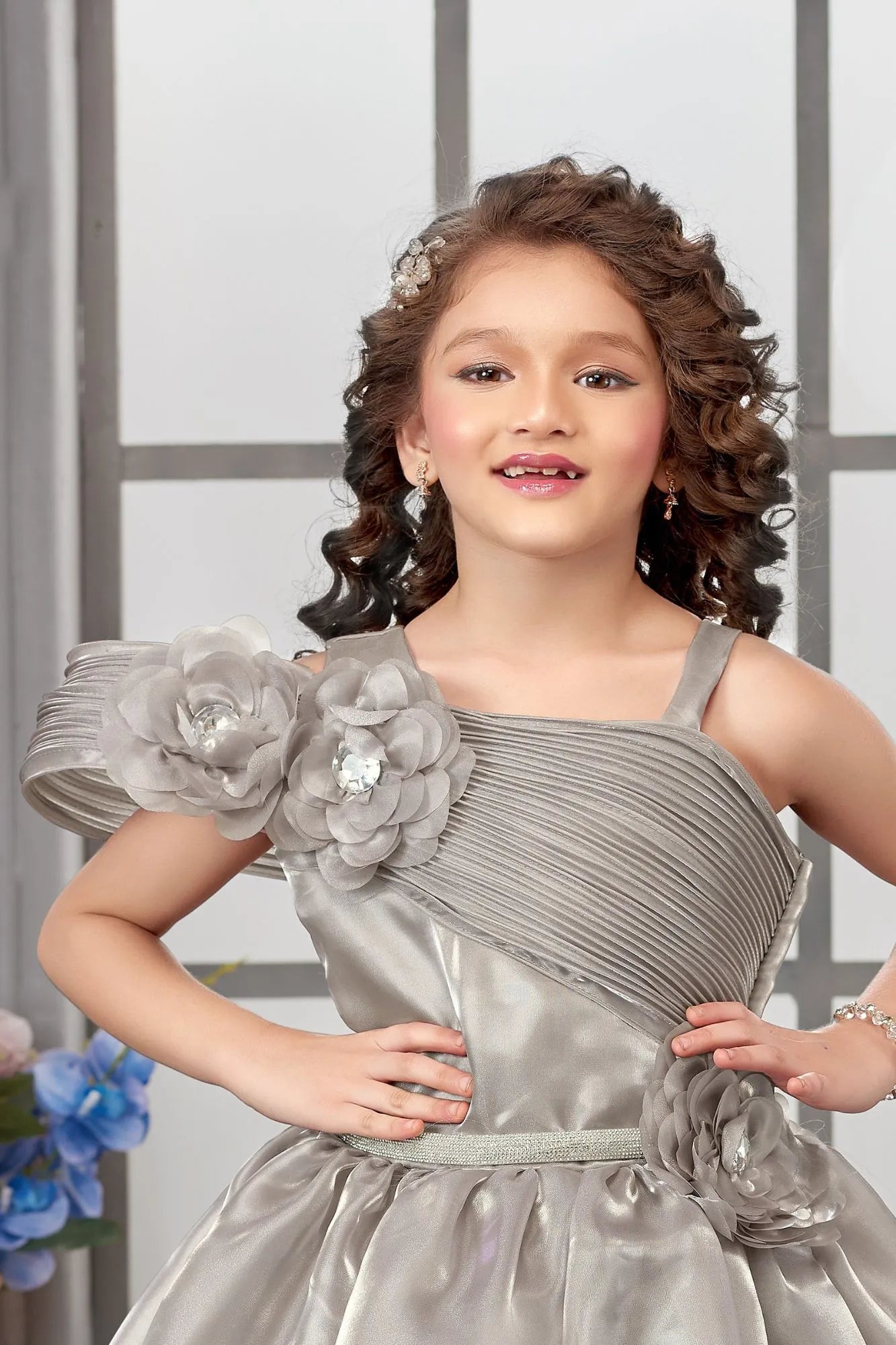Elegant Grey Pleated & Floral Embellished Gown For Girls